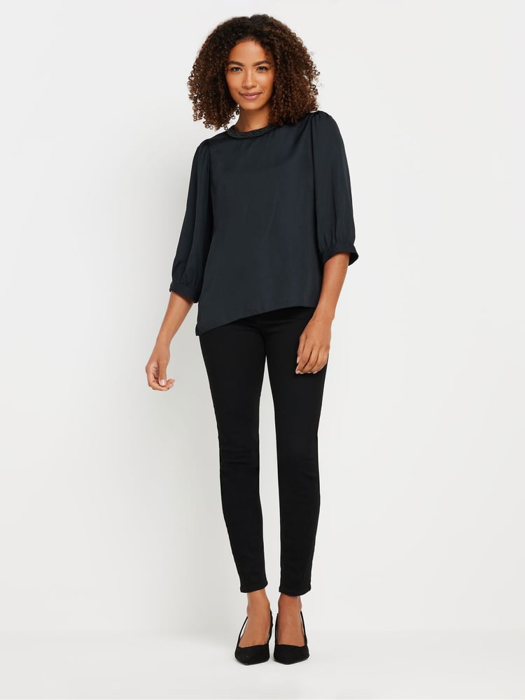 M&Co Black Bead Neckline Blouse - Image 2 of 5 M&Co Black Bead Neckline Blouse - Image 2 of 5