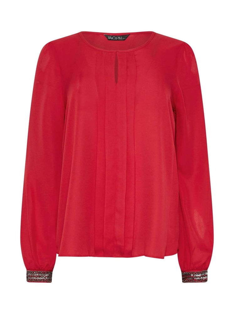 M&Co Red Embellished Cuffed Pleated Blouse - Image 5 of 5