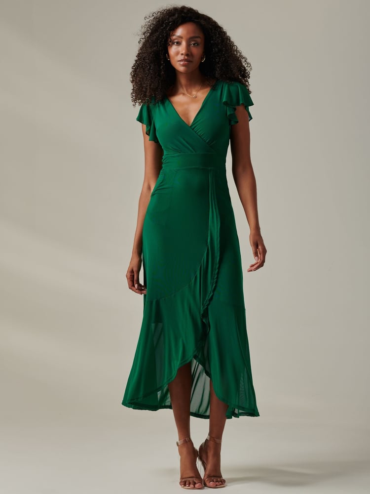 Jolie Moi Green Plain Wrap Mesh Maxi Dress - Image 6 of 6