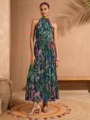 Love & Roses Green Tropical Petite Mesh Midaxi Halterneck Dress - Image 1 of 4