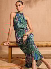 Love & Roses Green Tropical Petite Mesh Midaxi Halterneck Dress - Image 3 of 4