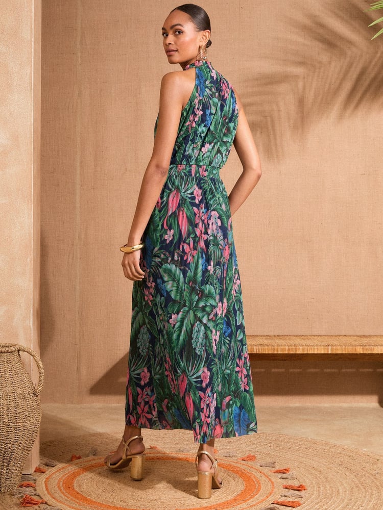 Love & Roses Green Tropical Petite Mesh Midaxi Halterneck Dress - Image 4 of 4