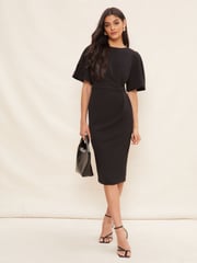 Friends Like These Black Petite Flutter Sleeve Knot Waist Detail Midi Tailored Dress - Image 1 of 4