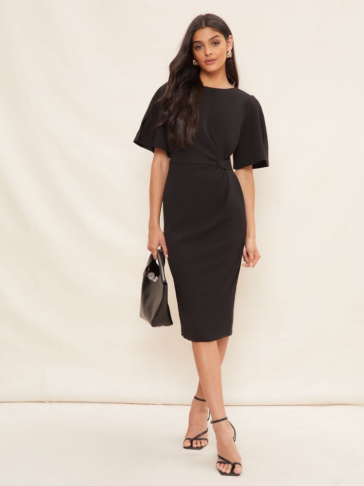 Friends Like These Black Petite Flutter Sleeve Knot Waist Detail Midi Tailored Dress - Image 1 of 4