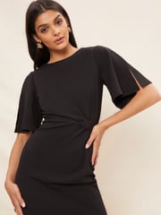 Friends Like These Black Petite Flutter Sleeve Knot Waist Detail Midi Tailored Dress - Image 2 of 4