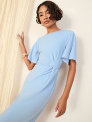 Friends Like These Blue Petite Flutter Sleeve Knot Waist Detail Midi Tailored Dress - Image 2 of 4