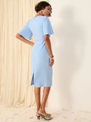 Friends Like These Blue Petite Flutter Sleeve Knot Waist Detail Midi Tailored Dress - Image 4 of 4