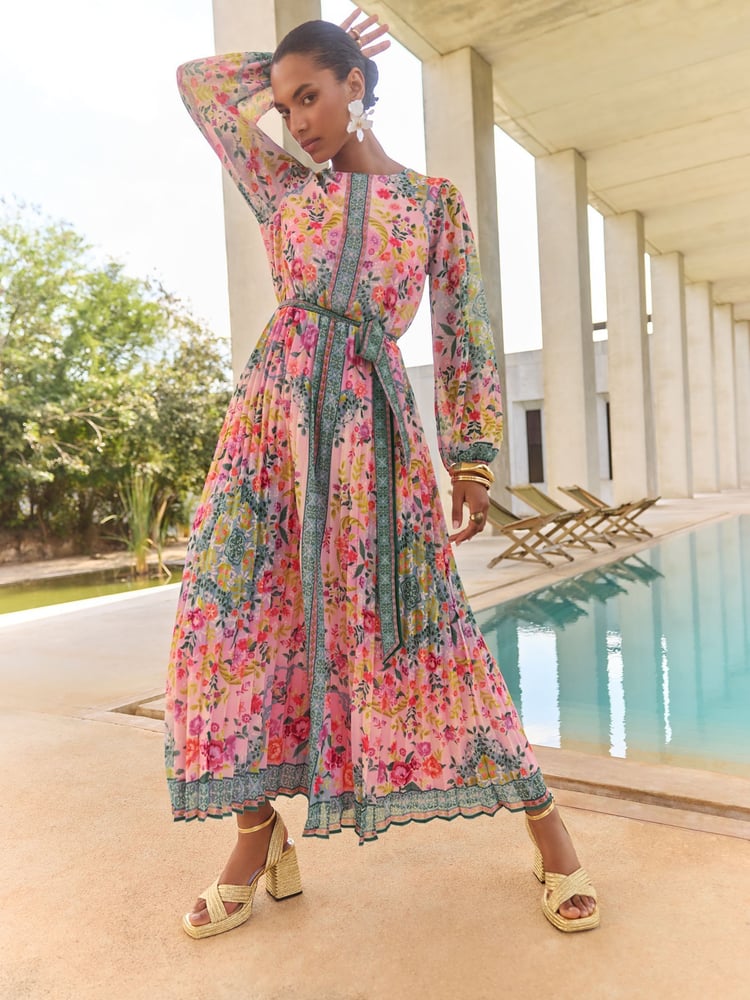 V&A I Love & Roses Pink Woodblock Printed Long Sleeve Midaxi Dress - Image 1 of 5