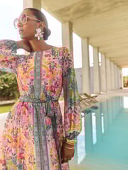 V&A I Love & Roses Pink Woodblock Printed Long Sleeve Midaxi Dress - Image 2 of 5