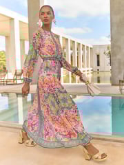V&A I Love & Roses Pink Woodblock Printed Long Sleeve Midaxi Dress - Image 3 of 5