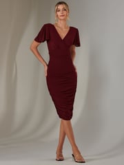 Jolie Moi cherry red Plain Angel Sleeve Ruched Bodycon Dress - Image 1 of 6