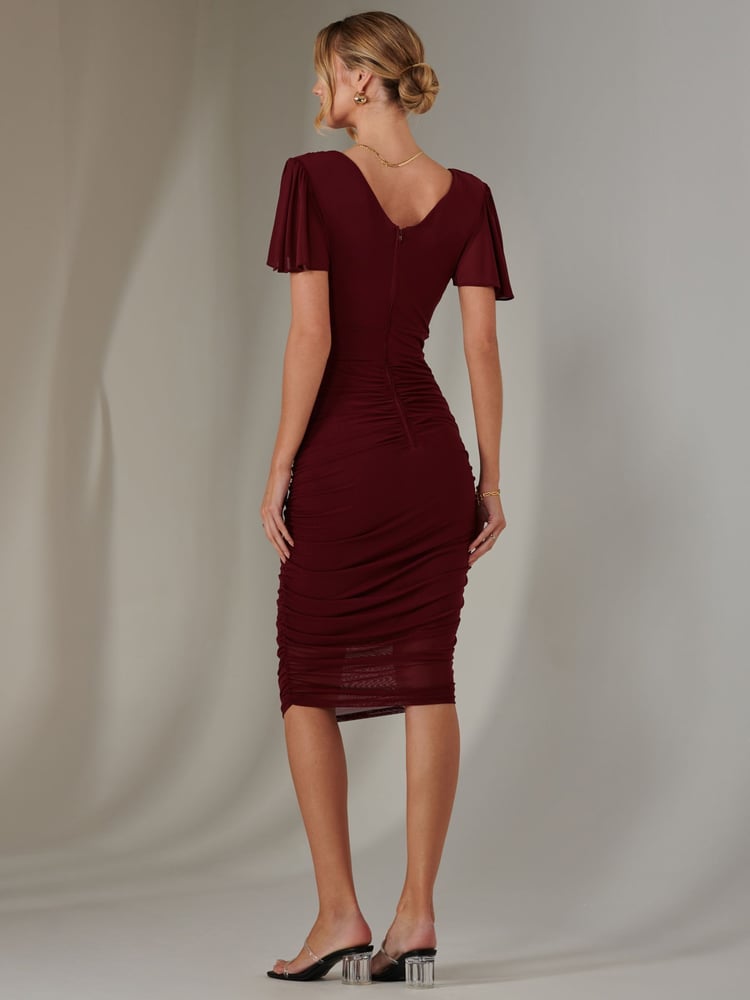 Jolie Moi cherry red Plain Angel Sleeve Ruched Bodycon Dress - Image 2 of 6