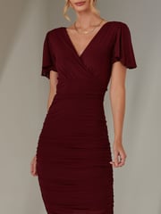 Jolie Moi cherry red Plain Angel Sleeve Ruched Bodycon Dress - Image 3 of 6