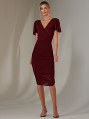 Jolie Moi cherry red Plain Angel Sleeve Ruched Bodycon Dress - Image 4 of 6