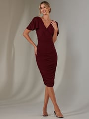 Jolie Moi cherry red Plain Angel Sleeve Ruched Bodycon Dress - Image 5 of 6