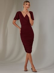 Jolie Moi cherry red Plain Angel Sleeve Ruched Bodycon Dress - Image 6 of 6
