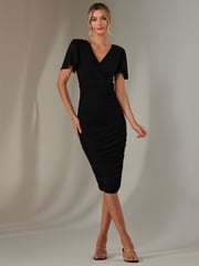 Jolie Moi Black Plain Angel Sleeve Ruched Bodycon Dress - Image 1 of 6