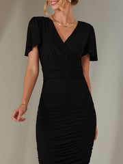 Jolie Moi Black Plain Angel Sleeve Ruched Bodycon Dress - Image 3 of 6
