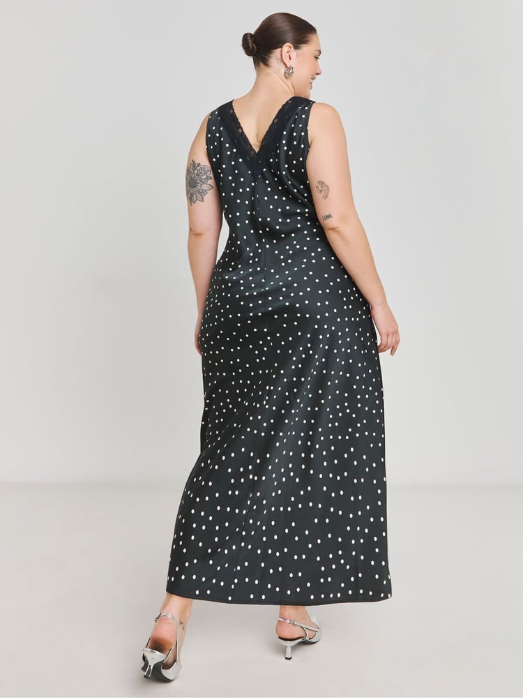 Simply Be Black Spot Print Lace Trim Slip Dress - Image 2 of 4