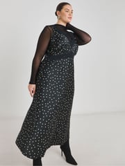 Simply Be Black Spot Print Lace Trim Slip Dress - Image 3 of 4