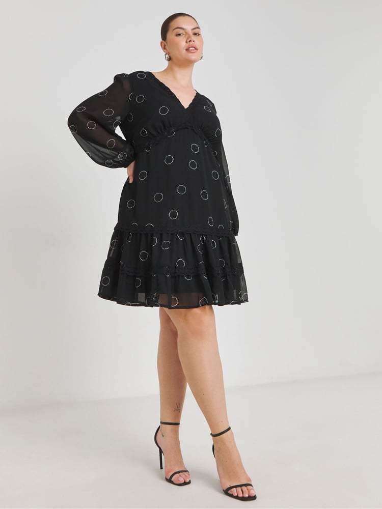 Simply Be Black Lace Trim Georgette Skater Dress - Image 1 of 5