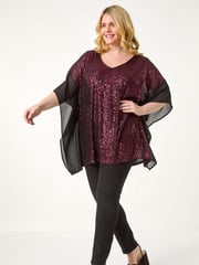 Roman Red Curve Full Sequin Chiffon Overlay Top - Image 1 of 5
