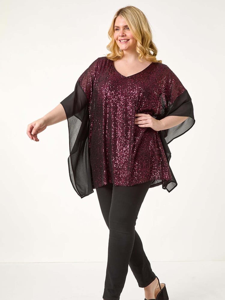 Roman Red Curve Full Sequin Chiffon Overlay Top - Image 1 of 5