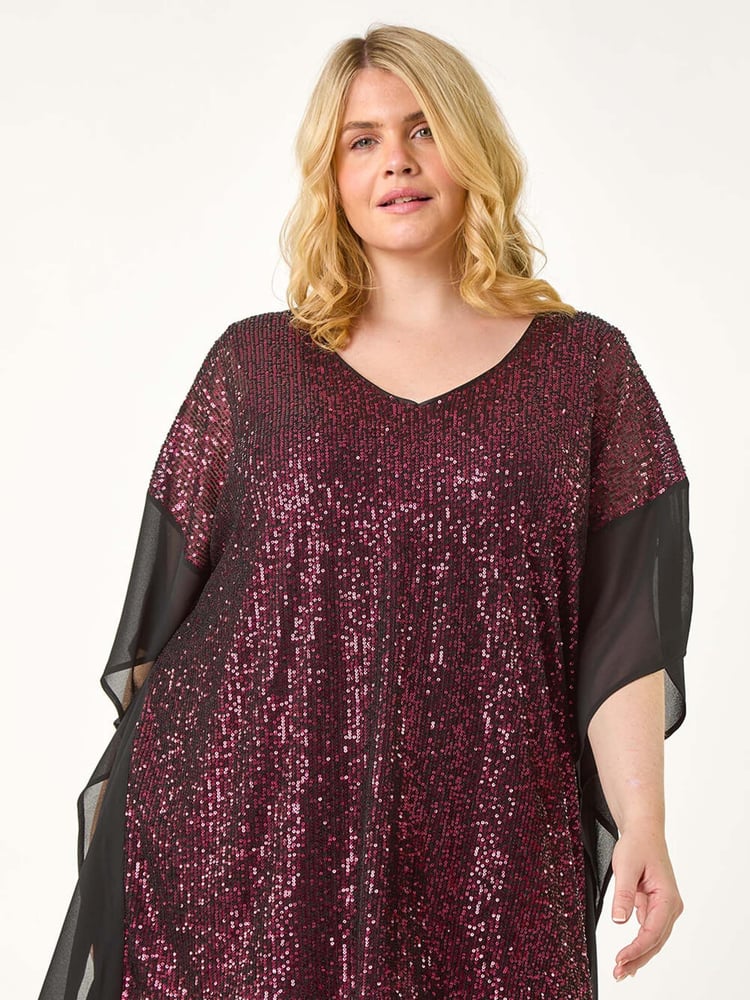 Roman Red Curve Full Sequin Chiffon Overlay Top - Image 2 of 5