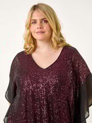 Roman Red Curve Full Sequin Chiffon Overlay Top - Image 4 of 5