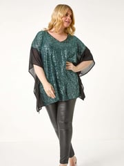 Roman Green Curve Full Sequin Chiffon Overlay Top - Image 1 of 5