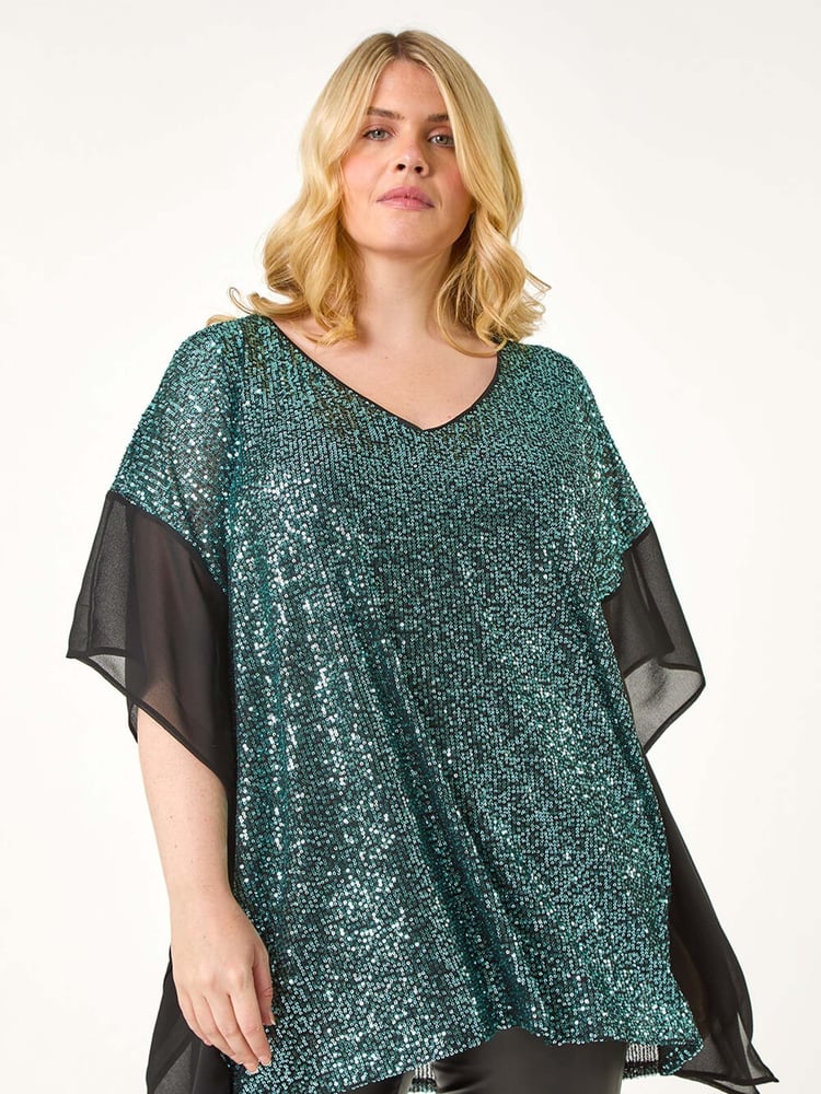 Roman Green Curve Full Sequin Chiffon Overlay Top - Image 2 of 5