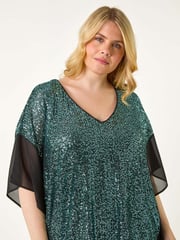 Roman Green Curve Full Sequin Chiffon Overlay Top - Image 4 of 5
