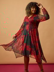 Roman Red Curve Floral Print Wrap Stretch Midi Dress - Image 1 of 8
