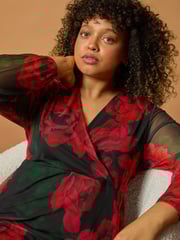 Roman Red Curve Floral Print Wrap Stretch Midi Dress - Image 2 of 8