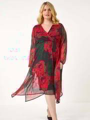 Roman Red Curve Floral Print Wrap Stretch Midi Dress - Image 4 of 8