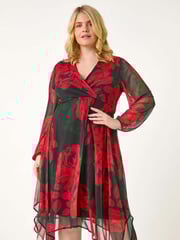 Roman Red Curve Floral Print Wrap Stretch Midi Dress - Image 5 of 8