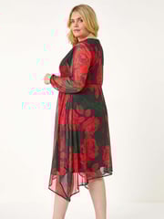 Roman Red Curve Floral Print Wrap Stretch Midi Dress - Image 6 of 8