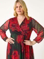 Roman Red Curve Floral Print Wrap Stretch Midi Dress - Image 7 of 8