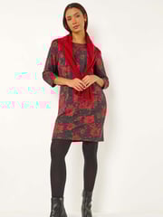 Roman Red Floral Print Pocket Shift Stretch Dress - Image 1 of 6