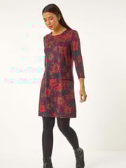 Roman Red Floral Print Pocket Shift Stretch Dress - Image 3 of 6