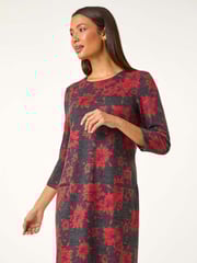 Roman Red Floral Print Pocket Shift Stretch Dress - Image 5 of 6