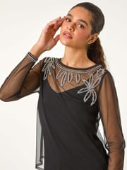 Roman Black Embellished Sequin Mesh Top - Image 1 of 5