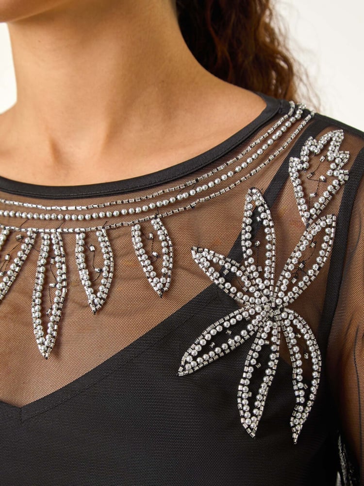 Roman Black Embellished Sequin Mesh Top - Image 2 of 5