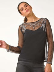 Roman Black Embellished Sequin Mesh Top - Image 3 of 5