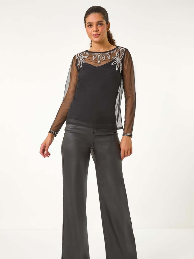 Roman Black Embellished Sequin Mesh Top - Image 5 of 5