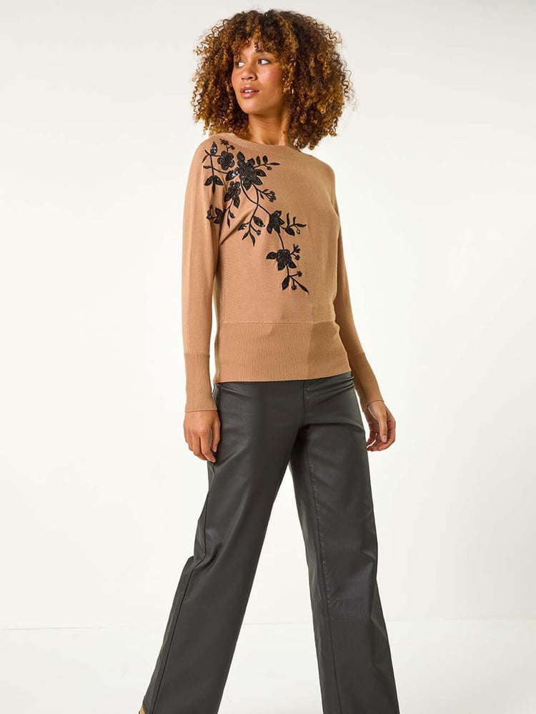 Roman Brown Sequin Floral Knit Jumper - Image 1 of 5