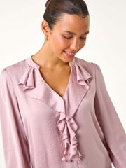 Roman Pink Light Satin Ruffle Front V-Neck Top - Image 1 of 5