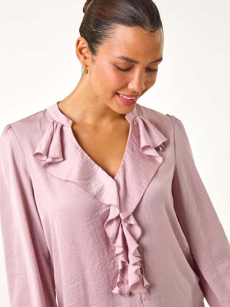 Roman Pink Light Satin Ruffle Front V-Neck Top - Image 1 of 5