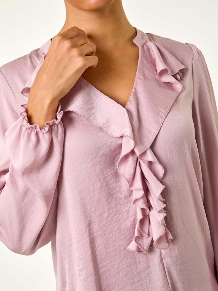Roman Pink Light Satin Ruffle Front V-Neck Top - Image 2 of 5