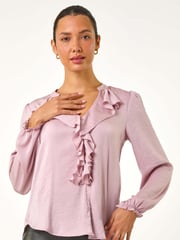 Roman Pink Light Satin Ruffle Front V-Neck Top - Image 3 of 5